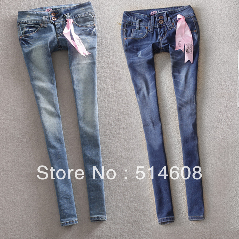 #950 Exported quality retro finishing wearing white double buckles back patchwork thin tight jeans female skinny pants