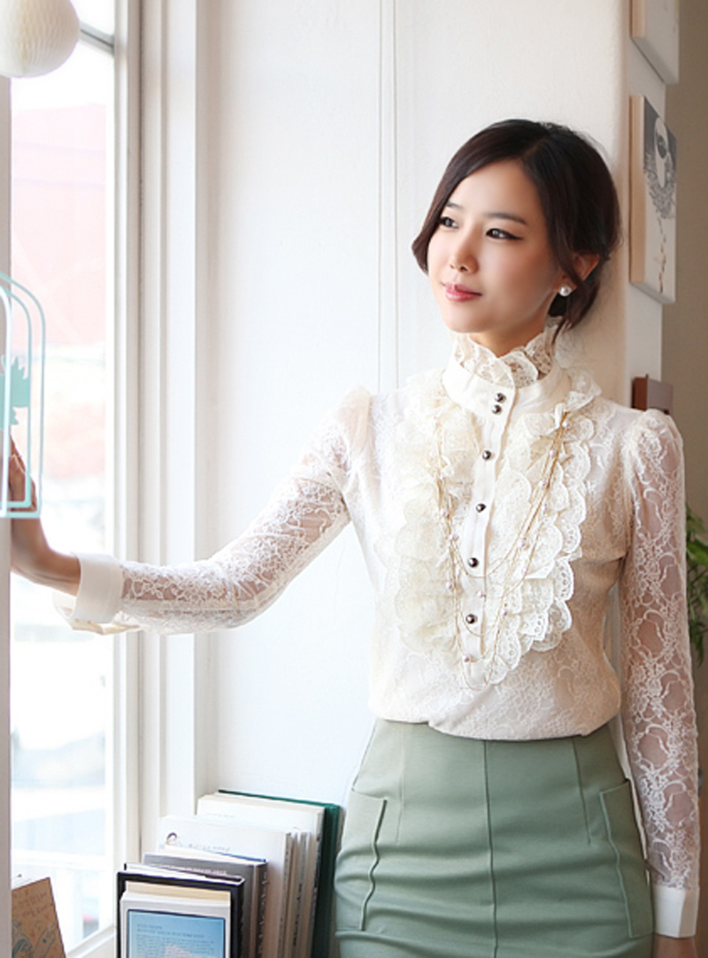 9513 autumn and winter plus size lace shirt stand collar long-sleeve basic shirt OL outfit slim professional shirt