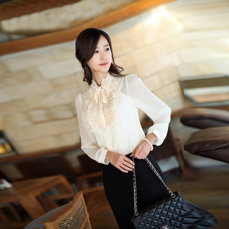 9532 2013 spring and summer vintage royal wind lacing stand collar chiffon shirt long-sleeve shirt professional gentlewomen