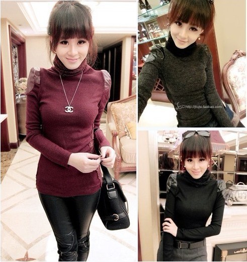 9553 2012 autumn and winter heap turtleneck patchwork leather sidepiece transparent lace basic shirt