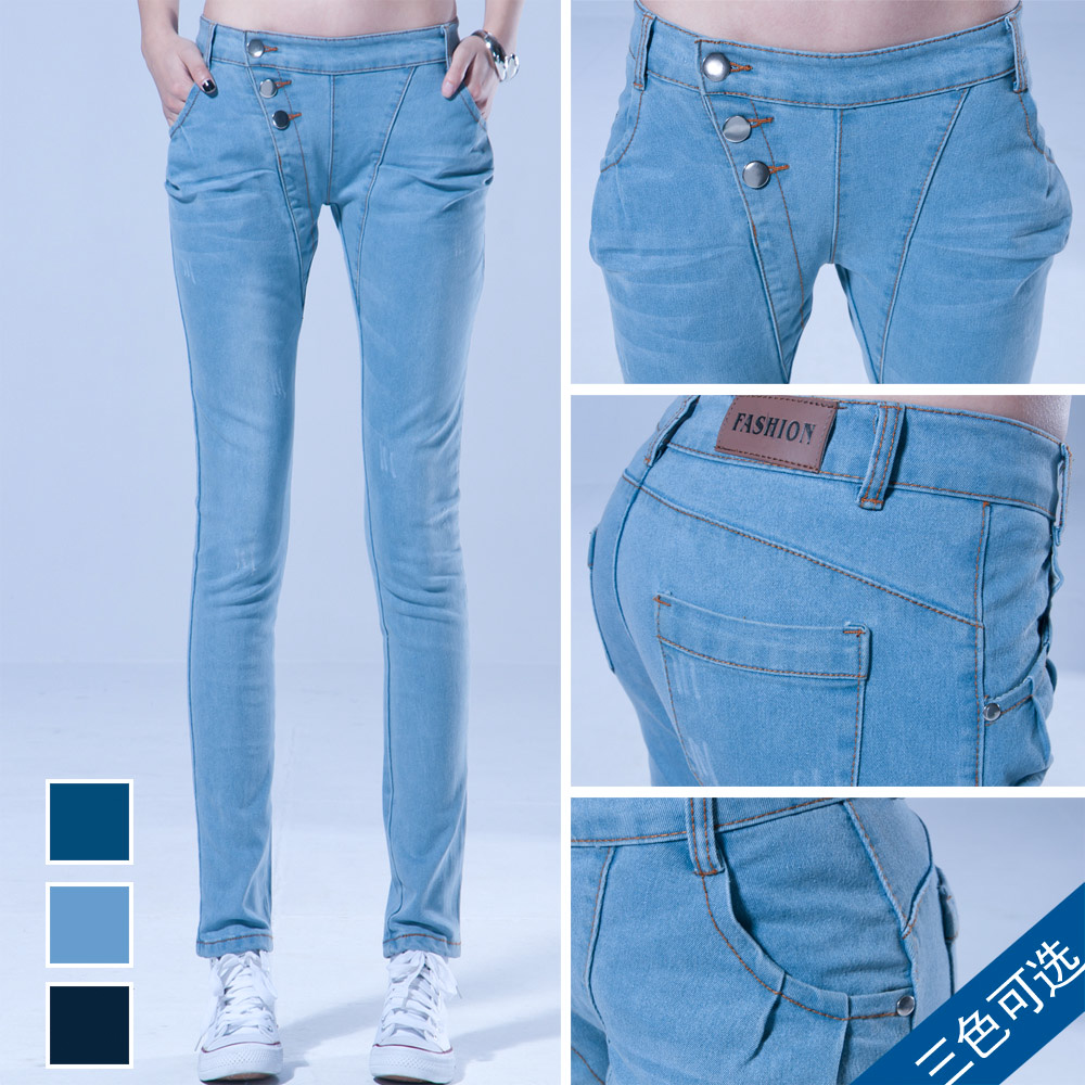 958 breasted elastic pencil pants retro finishing denim trousers female