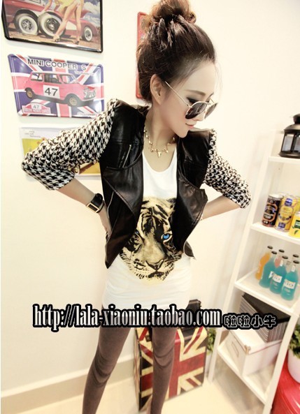 9603 2012 autumn and winter houndstooth large lapel leather clothing