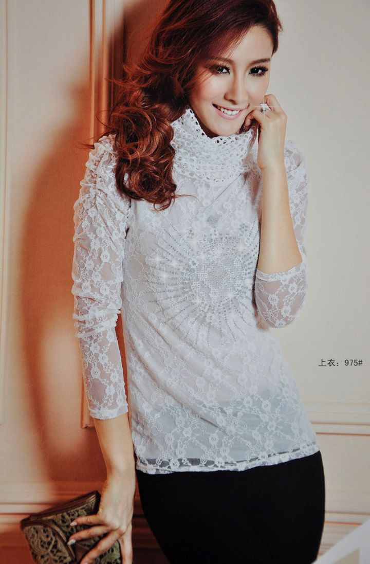 975 Stunning new Korean special lace blouse t shirts women zircon pattern lace tops with scarf