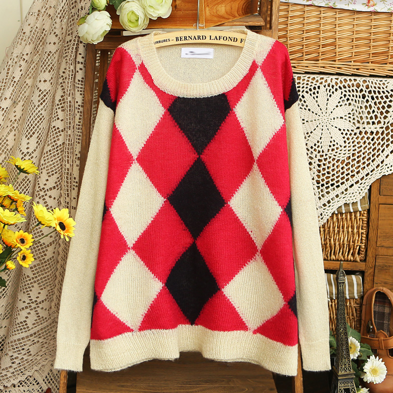 9797 - 2013 fashion preppy style color block decoration rhombus pattern sweater thin sweater 0225 female