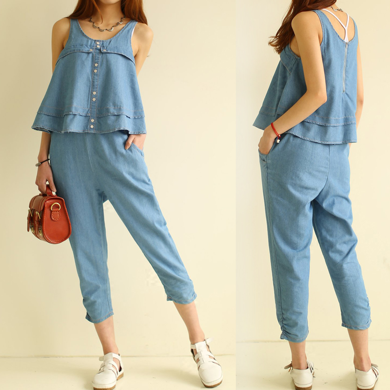 9819 - 2013 fashion faux two piece denim sleeveless jumpsuit 0304 female (WC009)