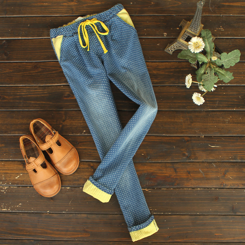 9859 - 2013 spring elastic waist dot roll up hem jeans casual trousers 0225 female (WC009)