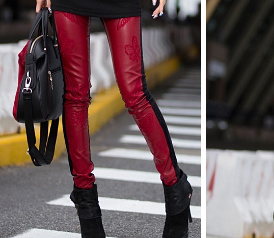 98985 butterfly embroidery leather skinny pants velvet legging