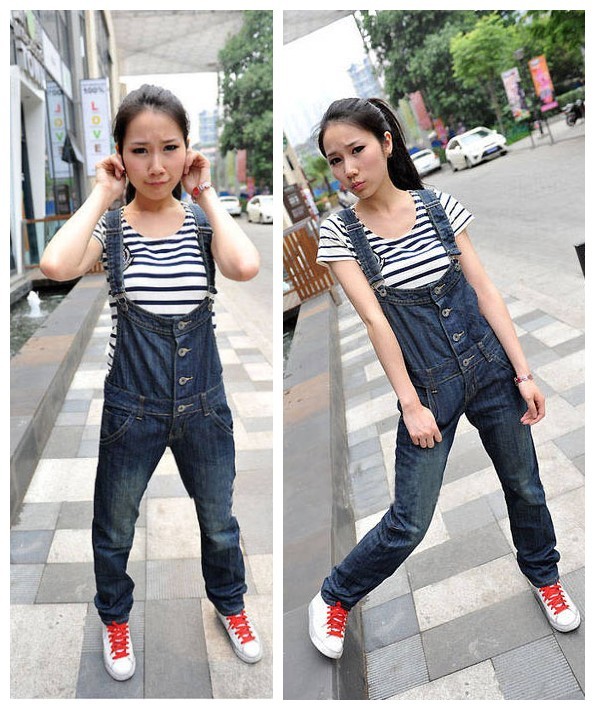 9923 2013 jeans female straight loose denim suspenders trousers