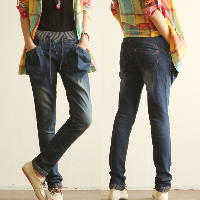 9925 - 2013 vertical stripe elastic waist lacing roll up hem jeans trousers 0304 female (WC009)