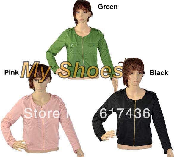 9pcs/lot free shipping New Fashion Women Round-neck Long Sleeve Outwear short Jacket Black Pink Green  7839