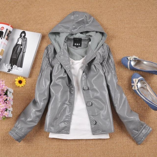 A-10 spring and autumn female leather clothing outerwear PU fabric hooded princess sleeve button gentlewomen OL 0.55 outfit