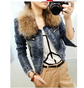 A free shipping 2012 autumn and winter casual slim women's short design denim outerwear fur collar