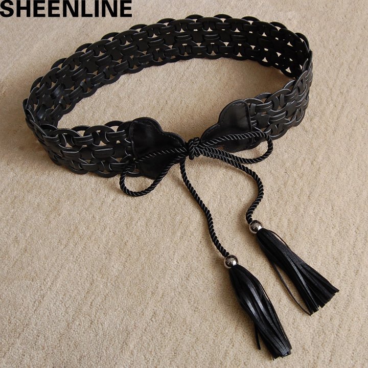 A Sheenline fashion quality faux leather black-and-white brown vintage knitted lacing tassel female wide belt cummerbund