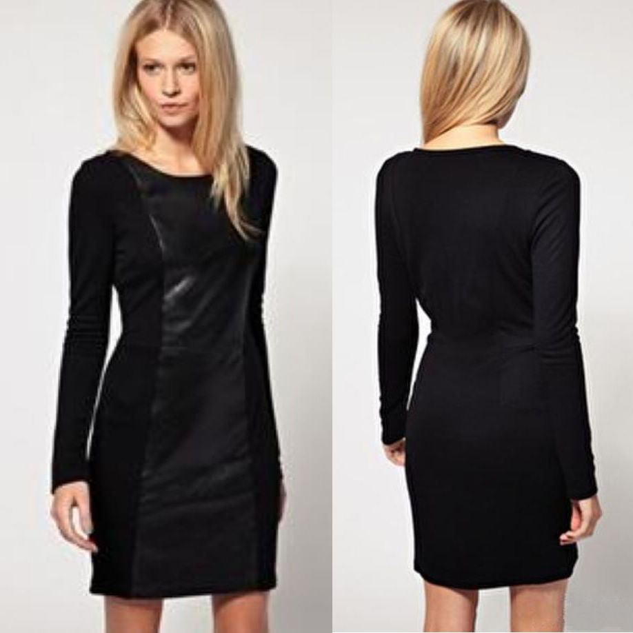 a029 Free shipping women PU leather stitching long sleeve retro mini dress! 2012 new fashion for wholesale and retail