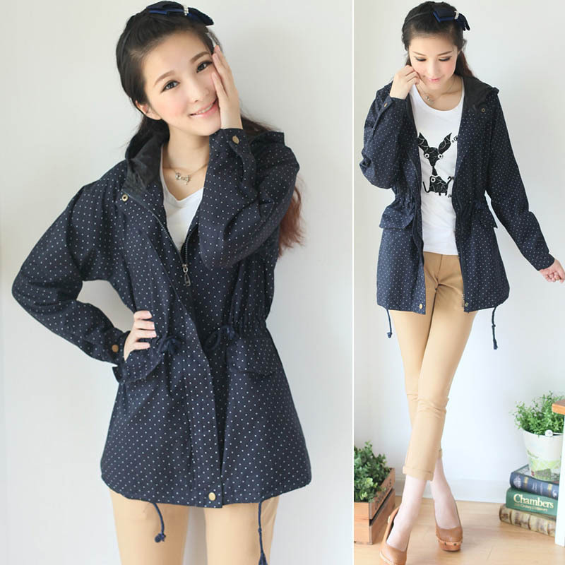 A044-065 2012 japanese style medium-long polka dot small fresh all-match dot with a hood drawstring trench outerwear