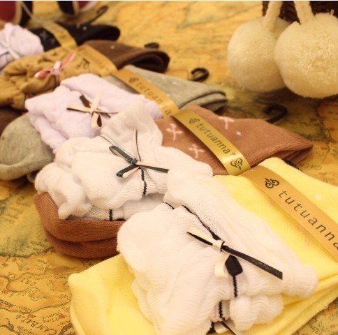 A060 socks lace decoration bow socks pile of pile of socks women's 100% cotton sock