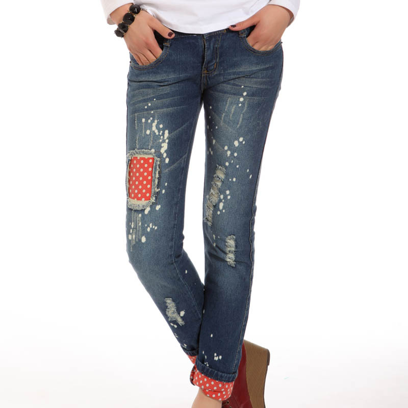 A112-176 female 12 xiaxin women's mid waist water wash white distrressed applique roll-up hem skinny pants pencil pants