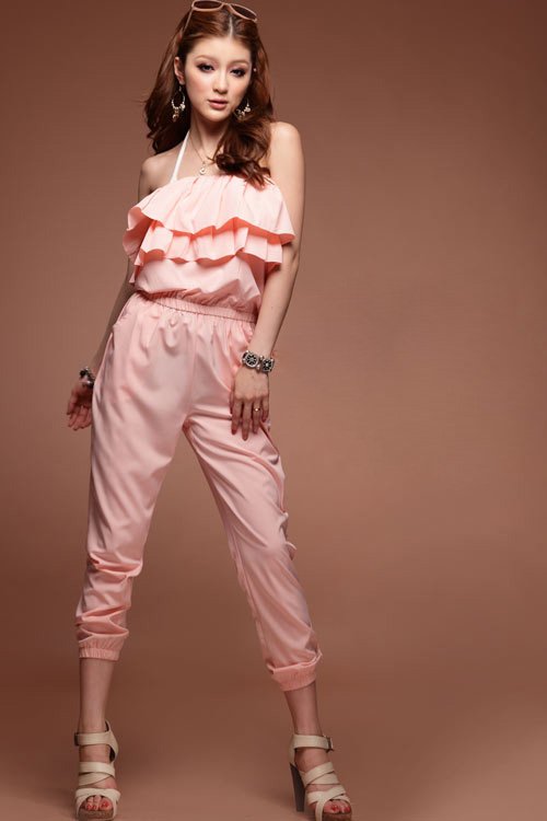 A118059 Free Shipping Hot Women's Fashion Strapless Ruffled Overall Pants Jumpsuit Pink Retail & Wholesale