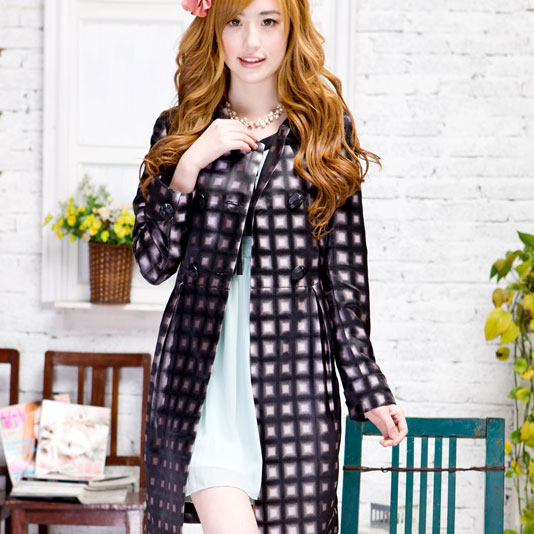 A1215106 dn double breasted plaid beading gentlewomen houndstooth slim trench , Free Shipping