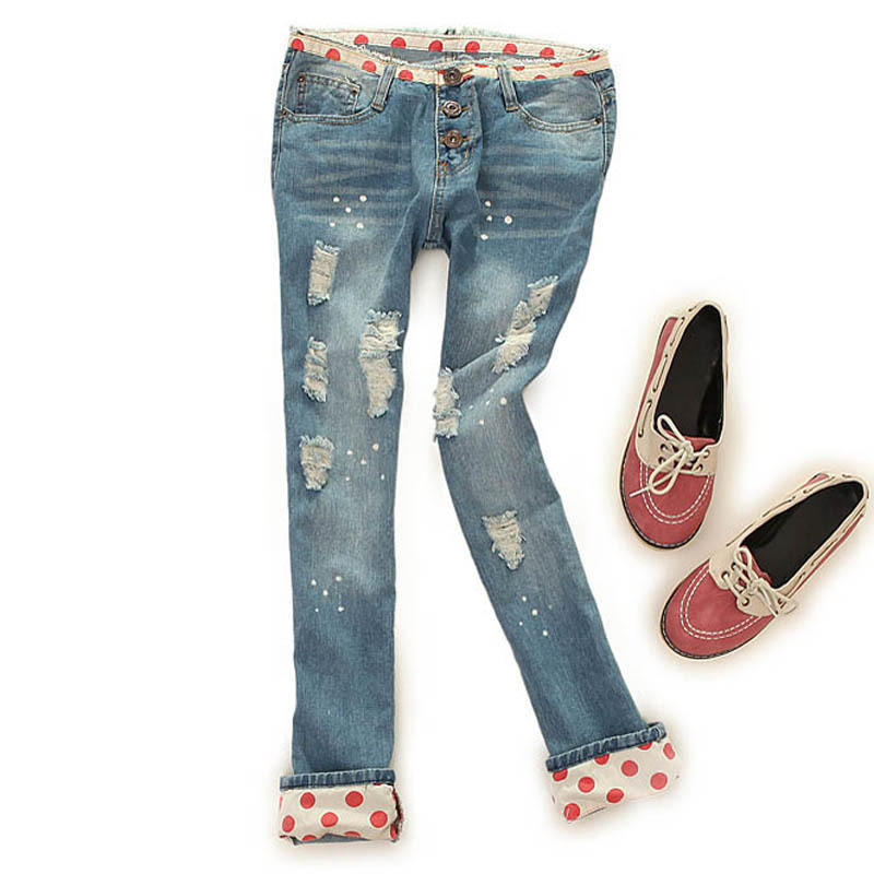 A145-232 female women's water wash white hole roll-up hem jeans skinny pants pencil pants