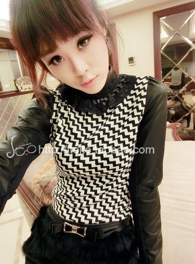 A151 ladies 2012 fashion patchwork faux leather lace stand collar one-piece dress