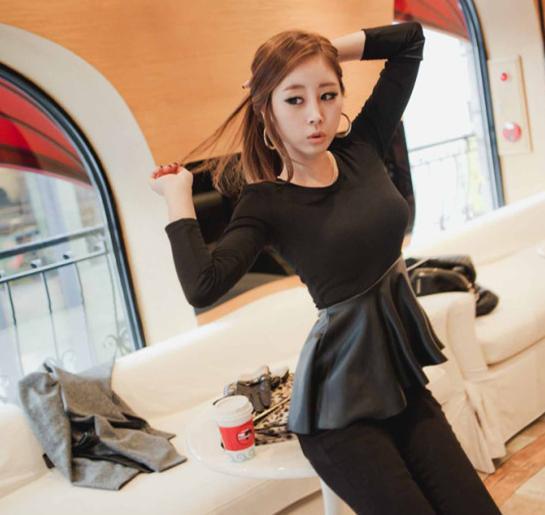 A171 fashion sexy black leather patchwork skirt top one-piece dress