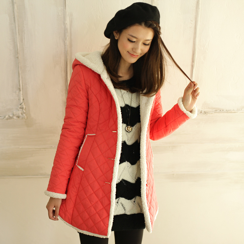 A23464 winter new arrival plaid watermelon red medium-long berber fleece thin wadded jacket