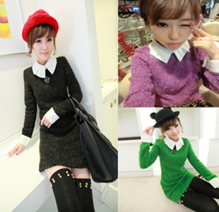 A270 chromophous plus velvet medium-long sweater multi-layer white collar patchwork sweater dress