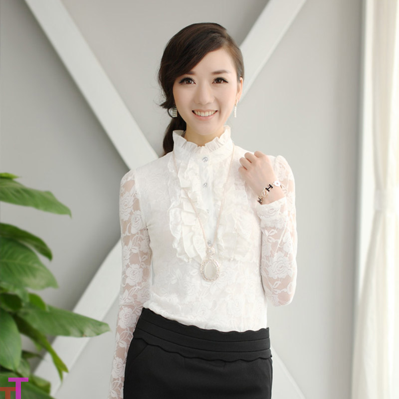 A350 turtleneck lace women basic shirt long sleeve slim ruffle plus velvet lace shirt