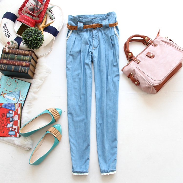 A5-2 summer 2012 casual all-match laciness belt women's denim ankle length trousers harem pants