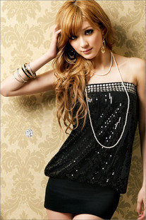 A747 black paillette rivet tube top slim hip dress