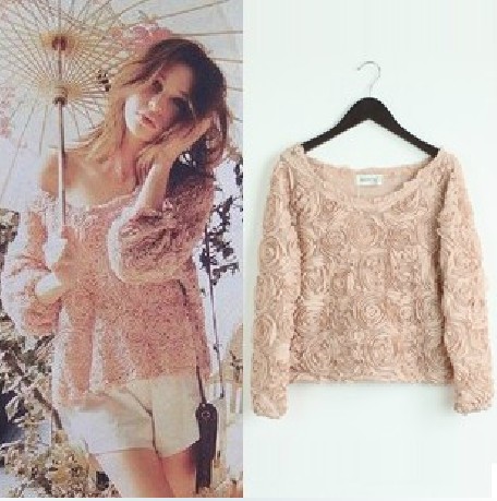 AA-124 Fashion Lady 3D Lace Rose Flower Pullover Chiffon blouse lady Shirt Tops Loose T-shirts Blouse women sweater sweatershirt