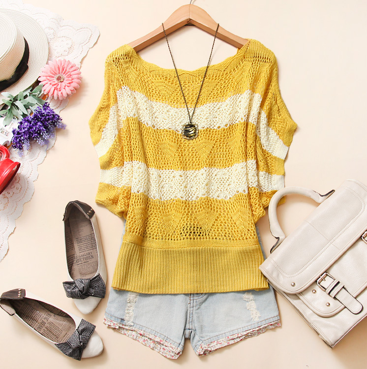 Aaj-t041 2012 summer women's color block decoration loose batwing sleeve cutout sweater g-30