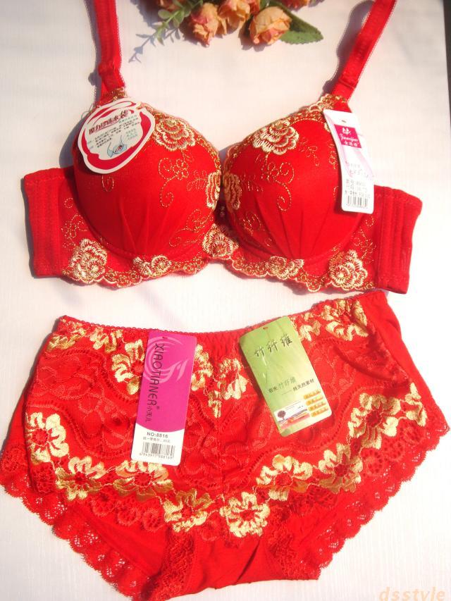 Ab cup small bra series of bra set panties underwear set 0694 married red underwear