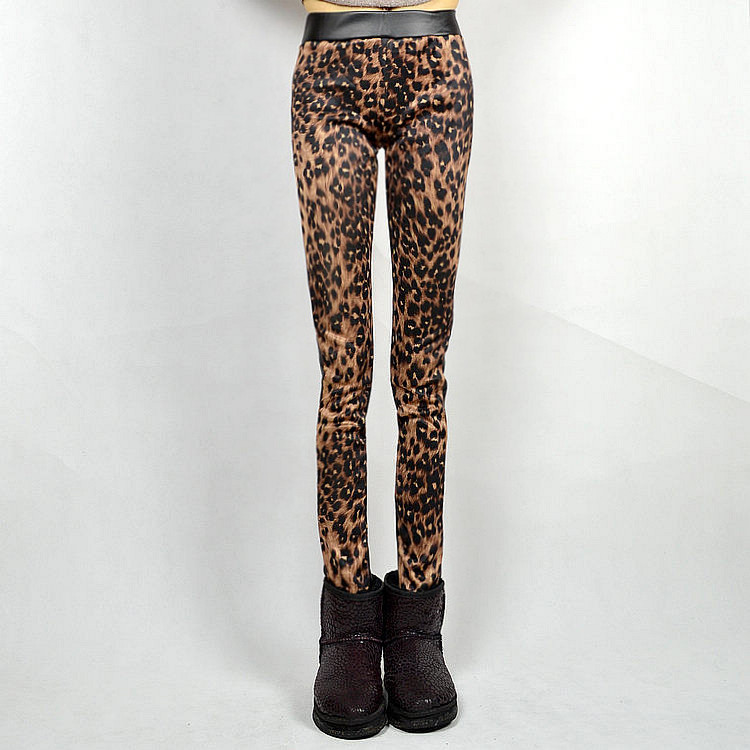 Ab faux leather leopard print patchwork windproof fleece thickening legging women's