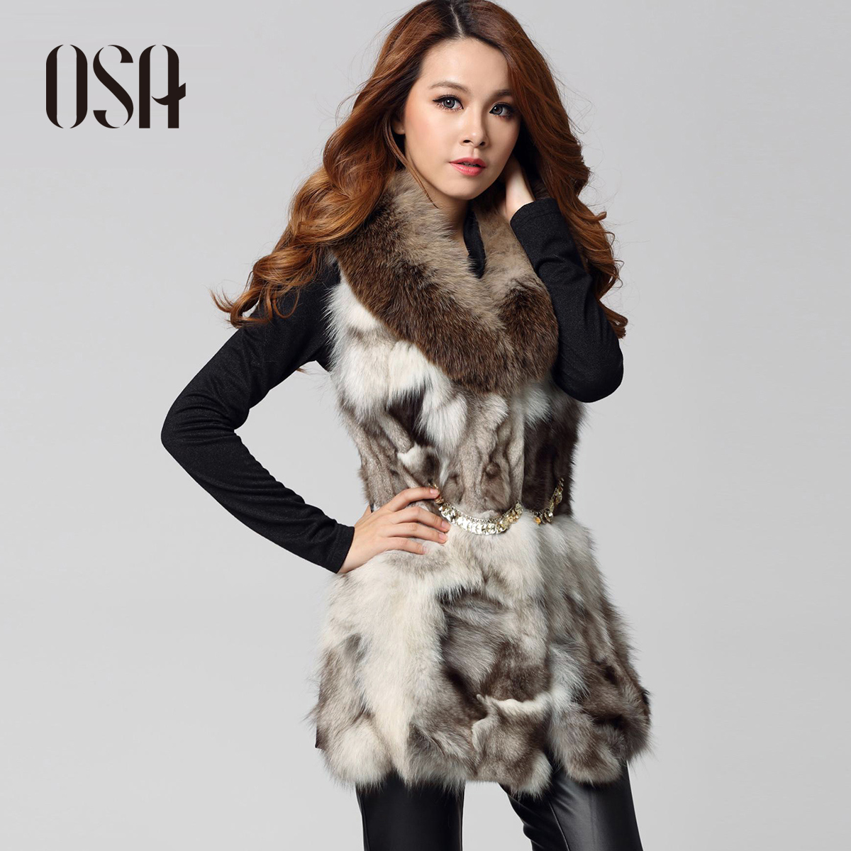 Abstract color block osa2012 medium-long fox fur collar fur vest fur vest g23986