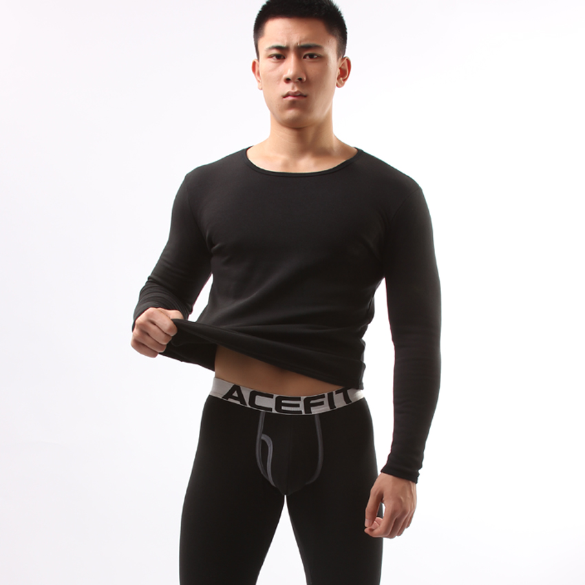 Acefit lycra cotton slim thermal underwear set plus velvet thickening black 303-he10