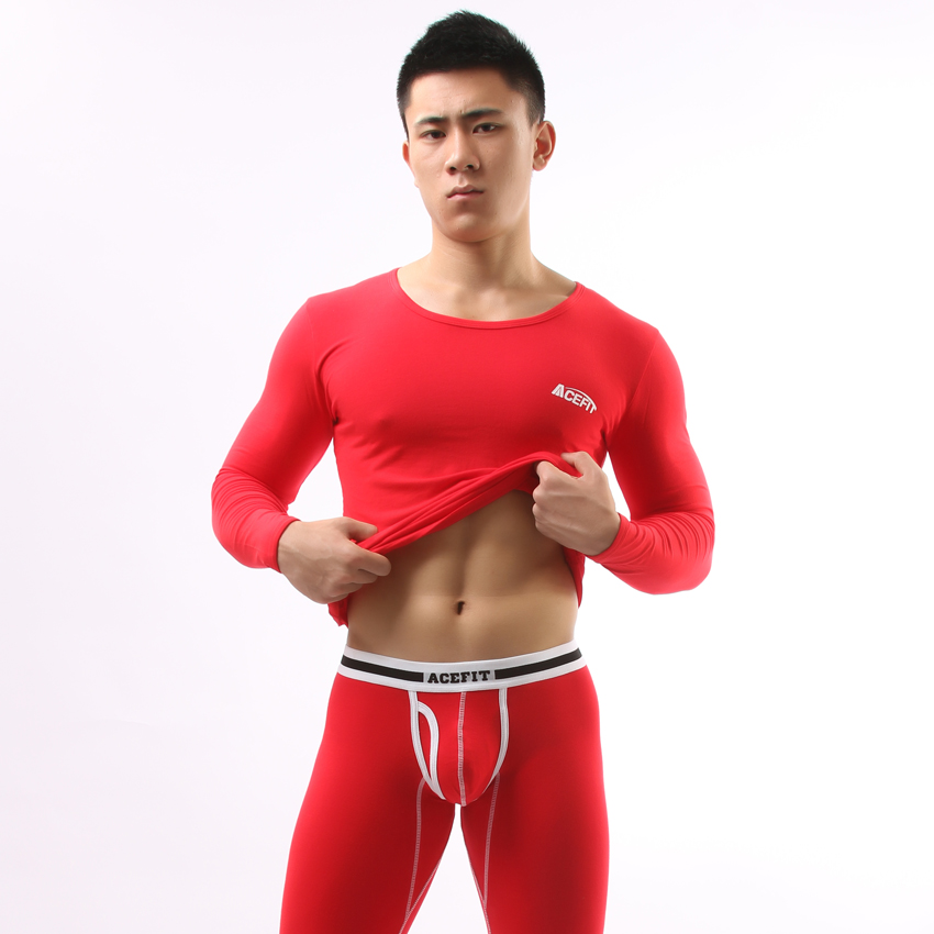 Acefit male 100% cotton thermal underwear set cotton sweater long johns long johns red