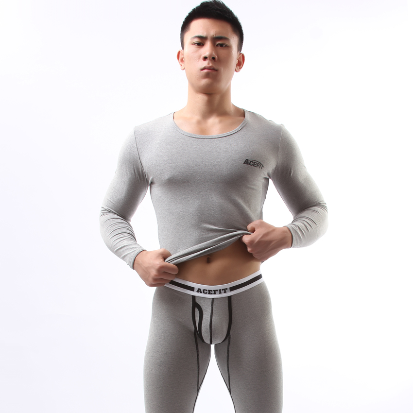 Acefit thin men's thermal underwear set long johns long johns lycra cotton set grey 301-hu20