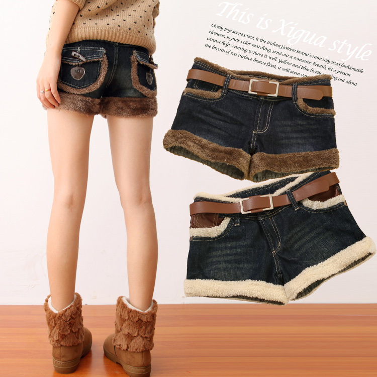 Acl-u610 2012 autumn women's plush patchwork straight denim shorts i-27