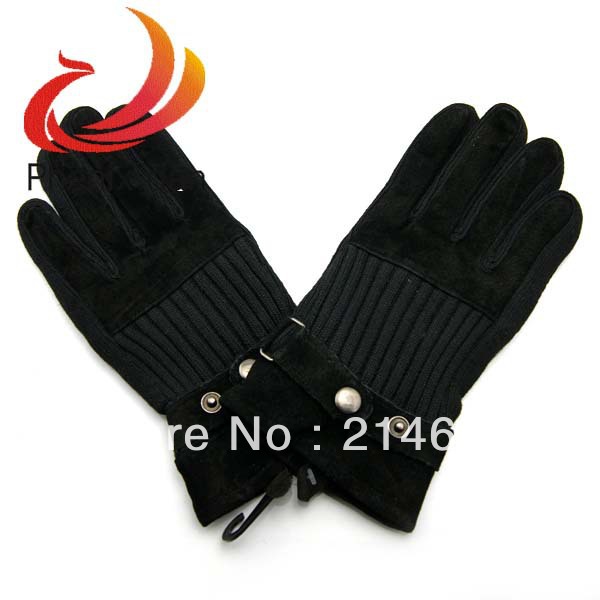 Adult Lady Classic Black Knitted with Suede Leather Winter Warm Fullfinger Women Gloves Free Shipping