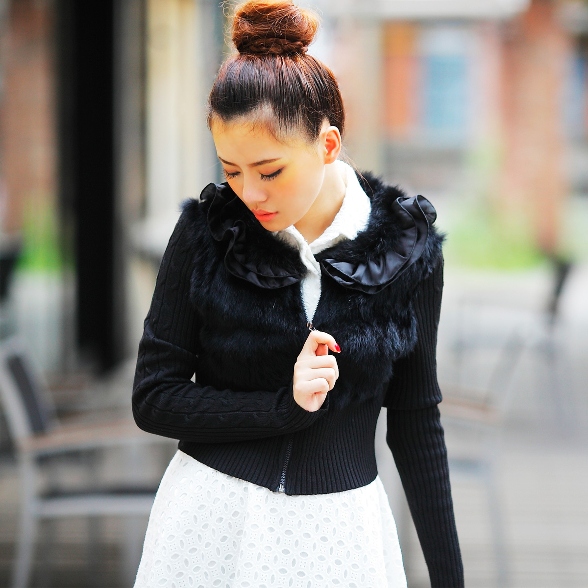 After c645 2012 spring elegant white collar rabbit fur patchwork ruffle hem decorative pattern knitted short jacket