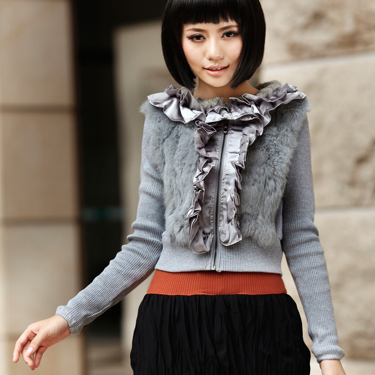 After c646 2012 women's rabbit fur patchwork ruffle hem rib knit match classic short jacket