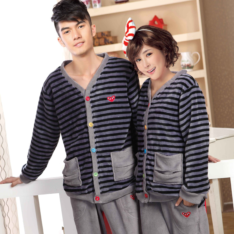 Aibo 2012 autumn and winter stripe long-sleeve thickening velvet coral fleece women's sleep set lovers lounge