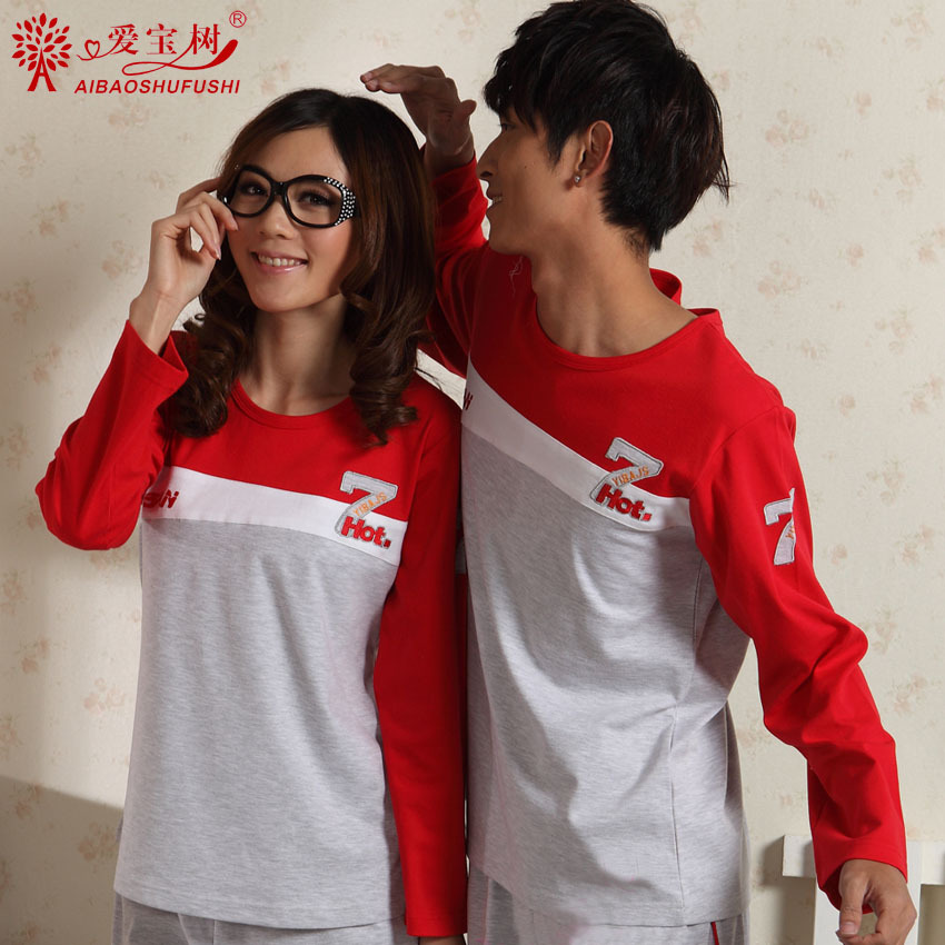 Aibo spring and autumn lovers knitted cotton sleepwear male women's long-sleeve sports casual set lounge