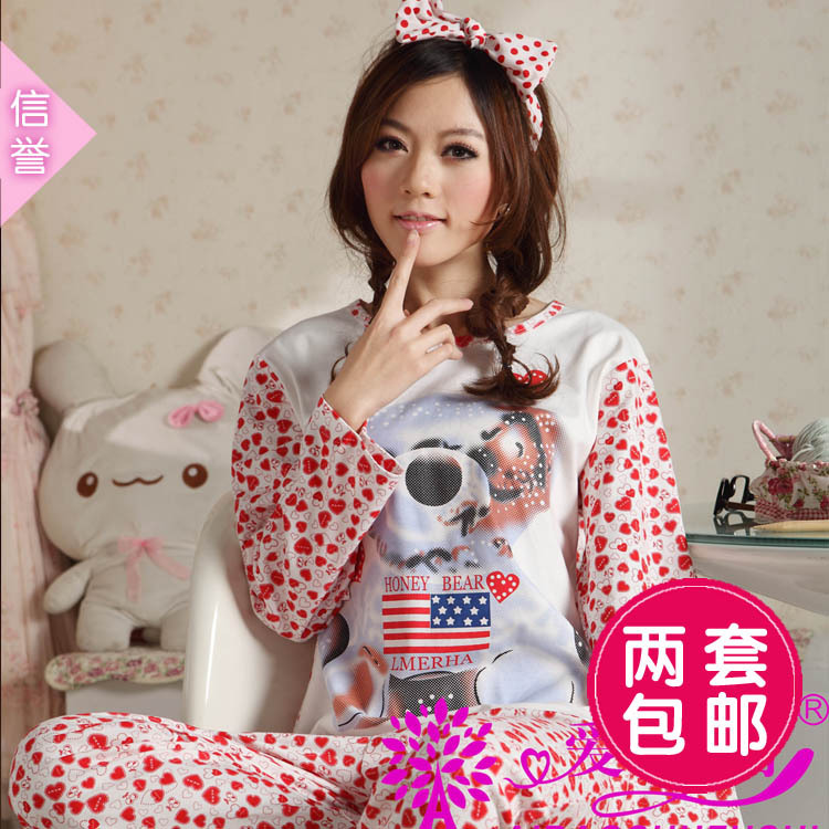 Aibo spring and autumn women's cotton long-sleeve sleep set cartoon bear lounge