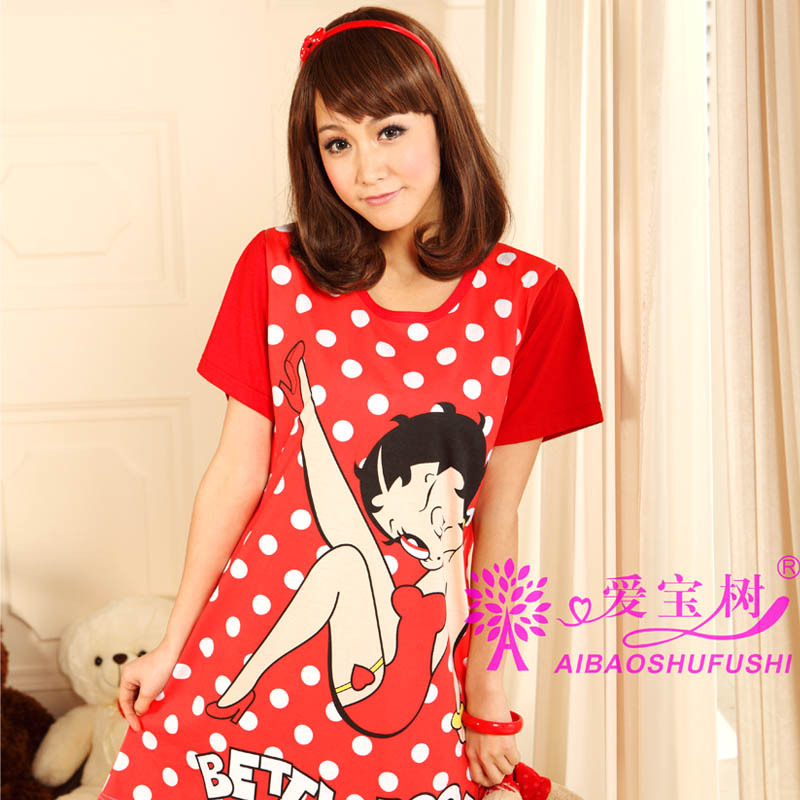 Aibo sweet candy women's cotton polka dot short sleeve length skirt cartoon BETTY lounge 88373