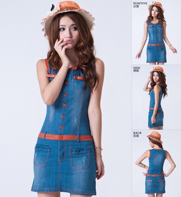 alibaba express 2013 summer casual dress leather bordered sleeveless water wash elastic denim  novelty dress