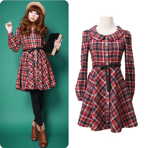 Alibaba Express New Fall Clothing Women Vintage Cute Preppy Style Plaid Peter Pan Collar Long Sleeve Knee-length Dresses N8675