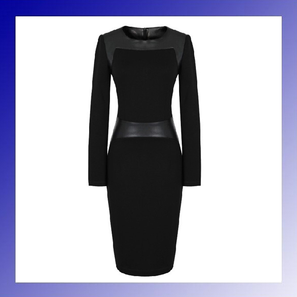 Aliexpress 2013 OL outfit leather patchwork slim all-match basic long-sleeve dresses fashion one-piece black dress